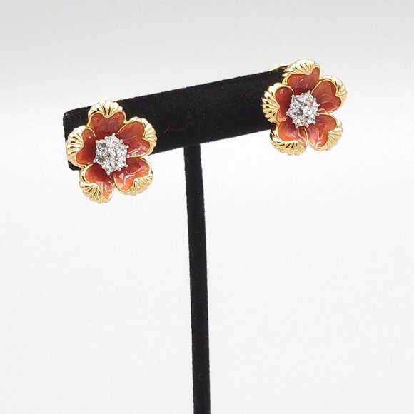 Nolan Miller Signed Gold Tone Metal Flower Cluster Pave Enamel Clip On Earrings - Picture 4 of 6